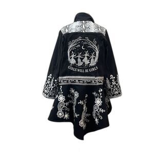 Upcycled Black Denim Jacket with Peplum & Floral Whitework Embroidery. Size M-L